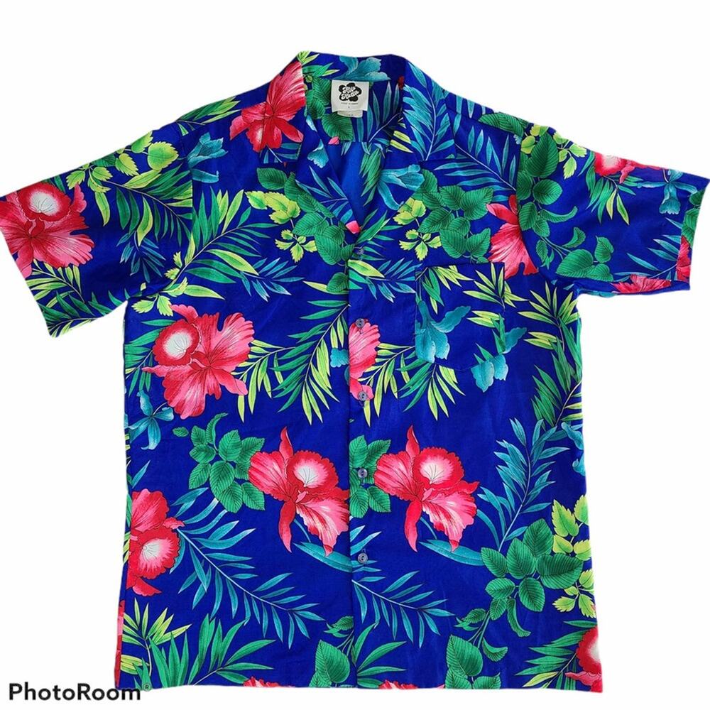 Vintage Hilo Hattie blue pink Hawaiian floral shirt wooden buttons Large